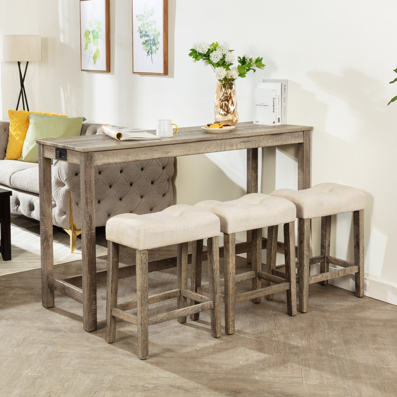 GDFStudio - Calverly 4-Piece Industrial Bar Table Set with USB Power Station and 3 Linen Upholstered Stools