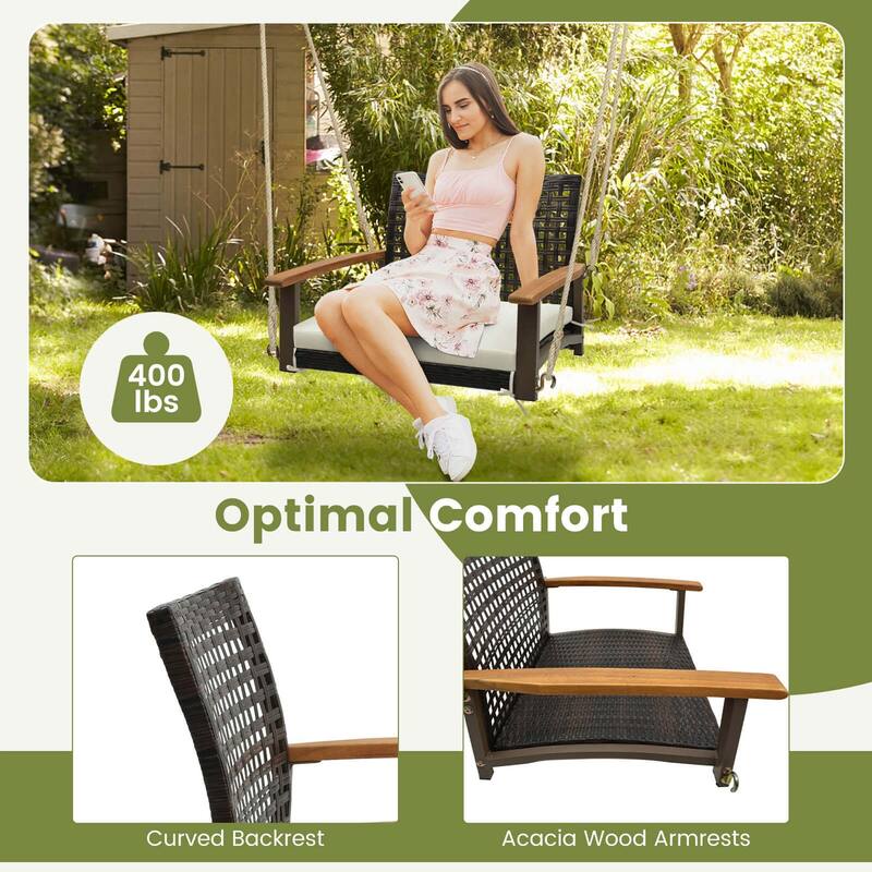 Outdoor Single Swing Chair Bench Rattan Porch Swing w/ Cushion