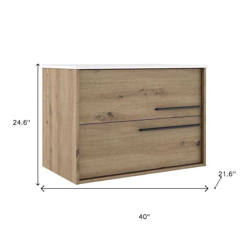 HomeRoots 40" Natural Wood Floating Bathroom Vanity With White Sink And Two Drawers - 40.00 in. x 24.60 in. x 21.60 in.