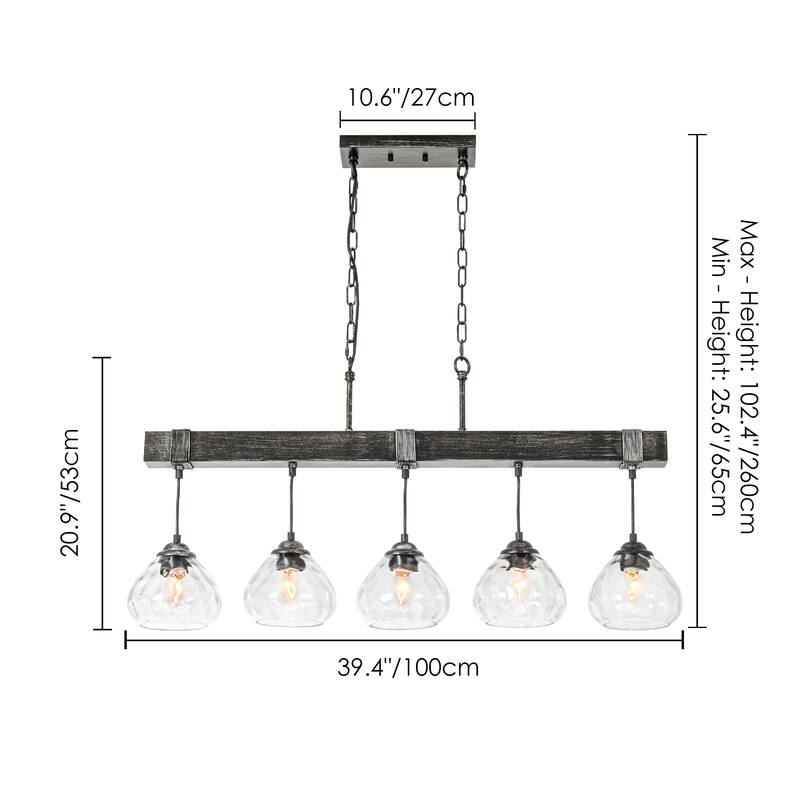 5 - Light Farmhouse Black Linear Glass Kitchen Island Pendant Light - 5 Light