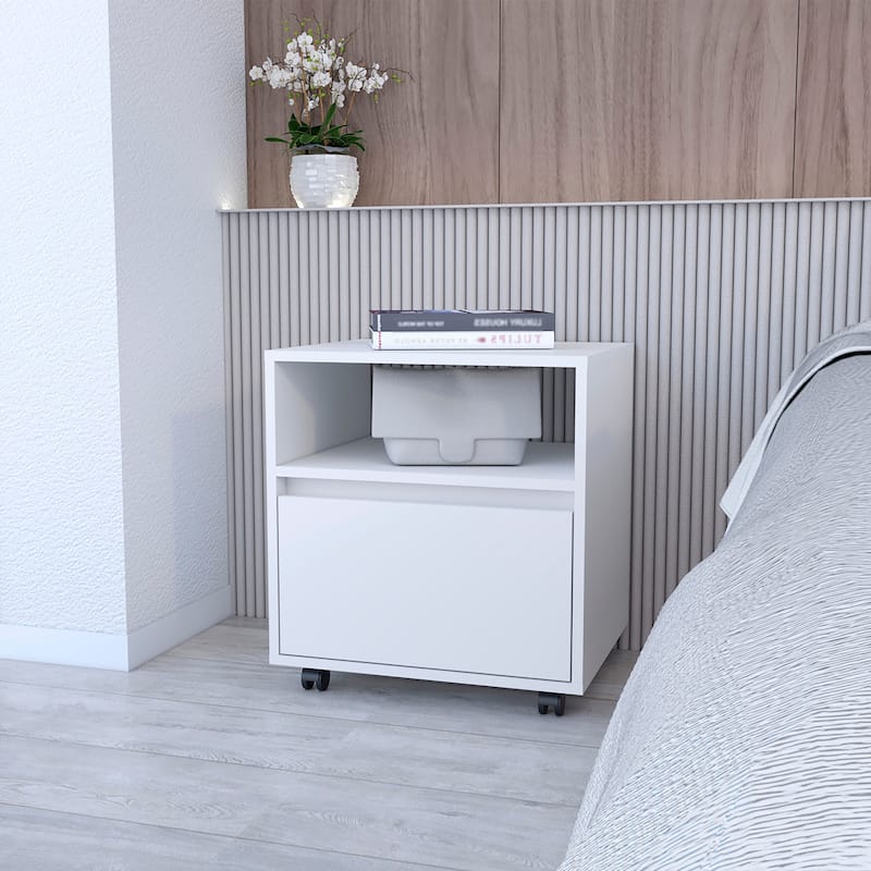 Compact and Stylish White Nightstand with Durable Construction and Four Caster Wheels - White - 1-drawer