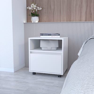 Compact and Stylish White Nightstand with Durable Construction and Four Caster Wheels