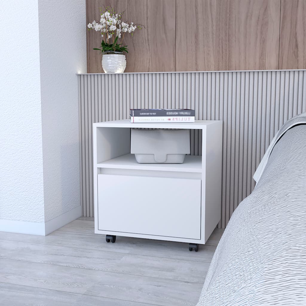 Compact and Stylish White Nightstand with Durable Construction and Four Caster Wheels