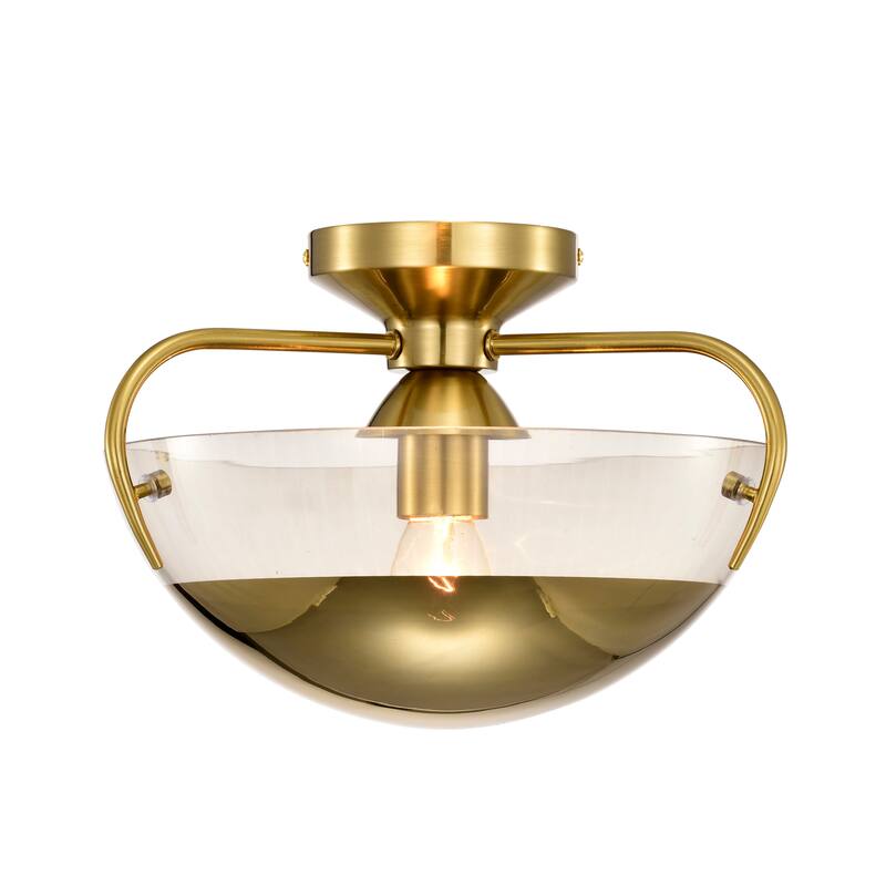 Vexa Brass Semi-Flush Mount Ceiling Lamp with Glass Bowl Shade Metal Bottom Cap - Brass-Gold