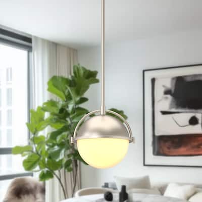 1-Light Satin Nickel Pendant Light, Modern E26 Ceiling Light Fixture with Milk White Glass Globe Shade