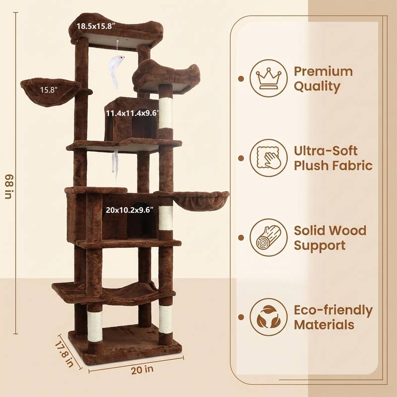 68 in Tall Multi-Level Green Cat Tree with Hammocks, Hanging Basket, Cat Cave, Removeable Cushion, Scratching Posts