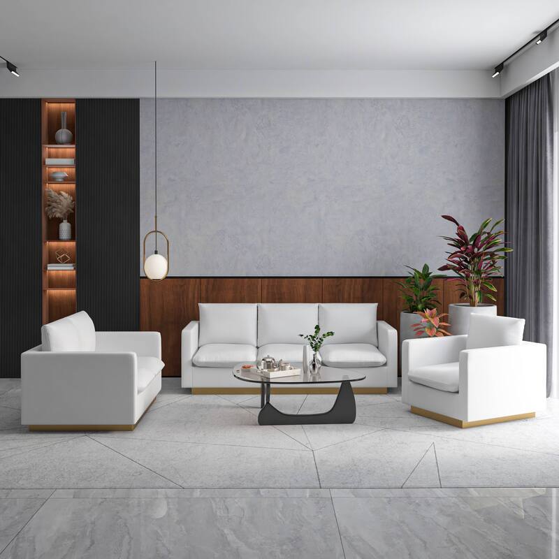 3-Piece Executive Leather Sofa Set with Brushed Gold Stainless Steel Base