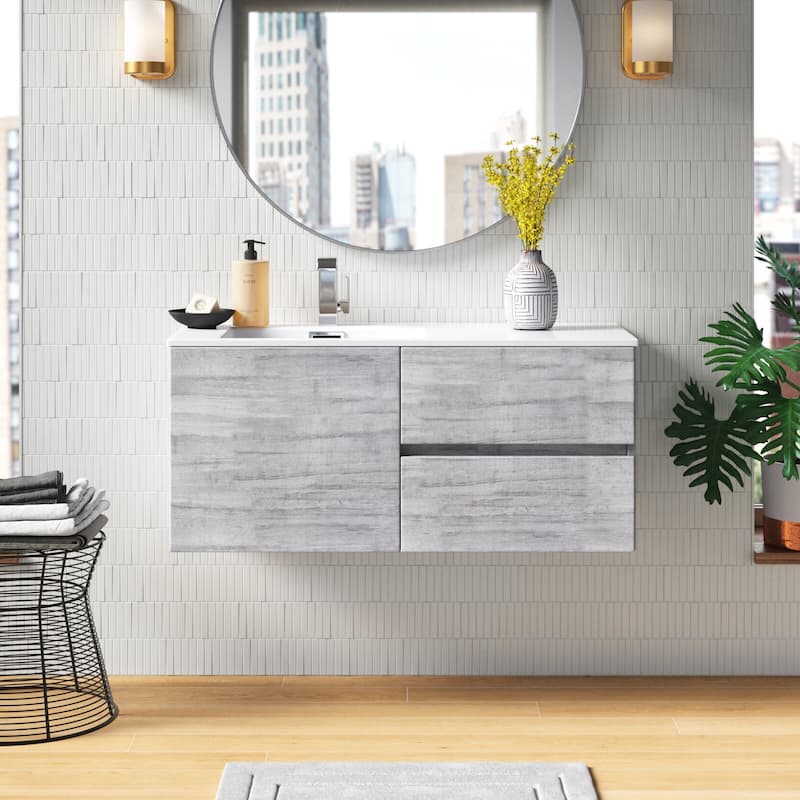 Beachwood Collection 42" Wall Mount Cultured Marble Top Bathroom Vanity Cabinet with Sink and Drawers