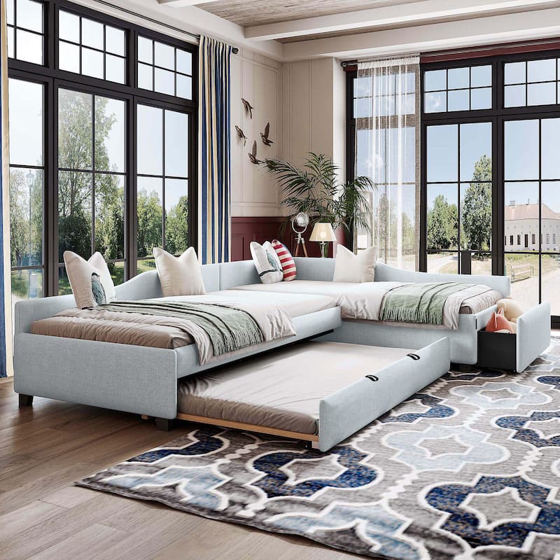 Beige Upholstered Twin Size Daybed with Trundle Bed and Drawers Corner Double Bed L-shape Sofa Bed Frame for Multiple