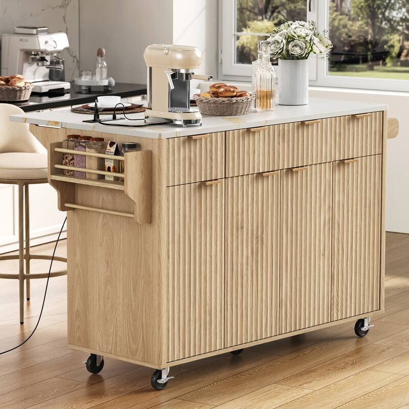 55.5" Fluted Storage Kitchen Island with Drop Leaf and Power Outlet and 3 Drawers - Brown