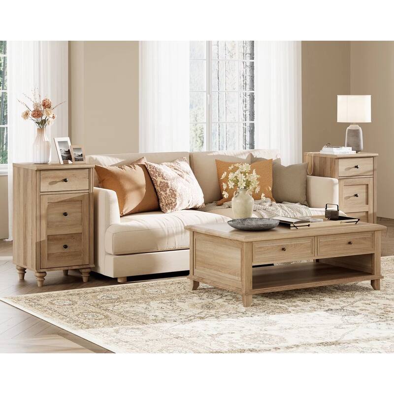 Set of 2 End Tables with Charging Station & Drawer Storage Cabinet