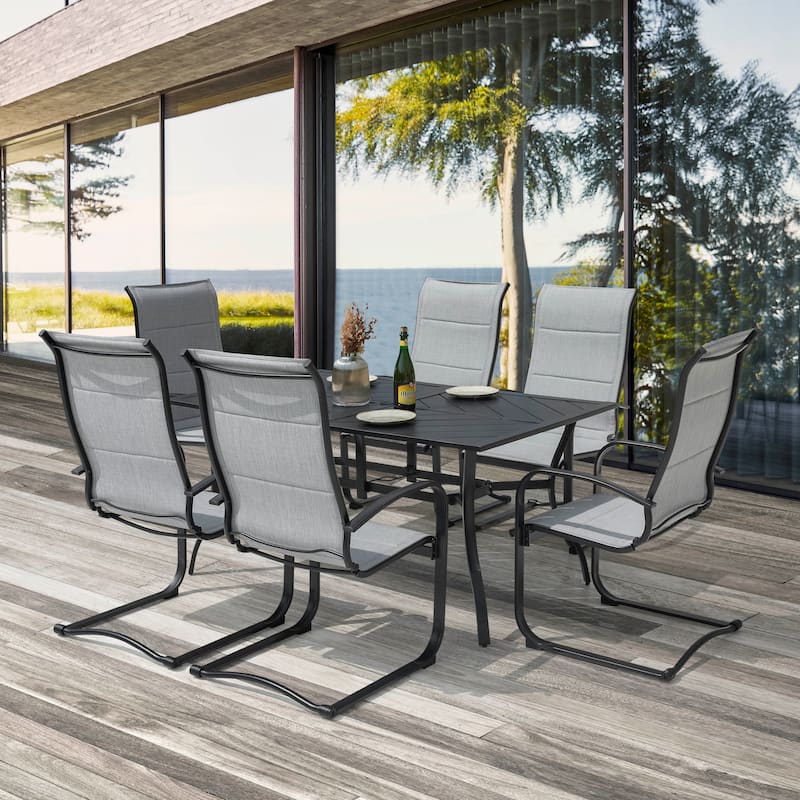 Outdoor Dining Set of 7, Textilene Chairs and Iron Splicing Dining Table