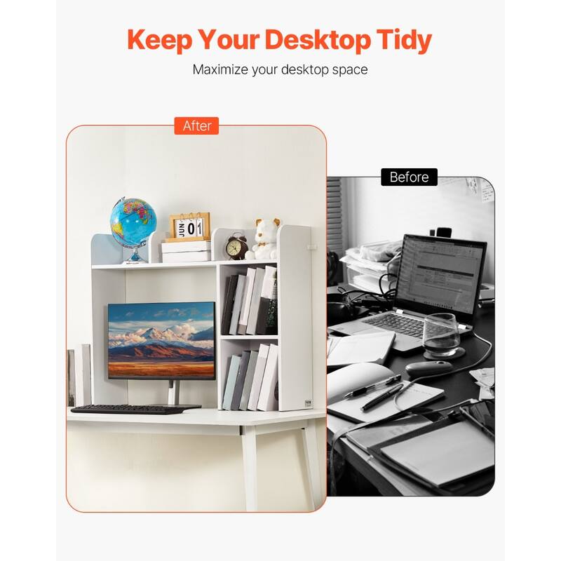 White Particle Board Desktop Bookshelf, 2 Shelves, Anti-Tip Design - 37.2" L x 9.5" W x 28.9" H