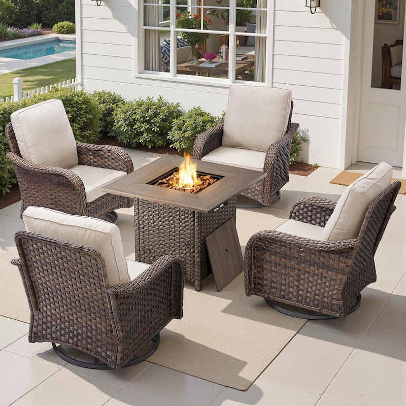Pocassy Patio Funiture Swivel Chair with Fire Table Set - Beige Cushion - Brown Wicker - 5-Piece Swivel Chair with Fire Pit Table