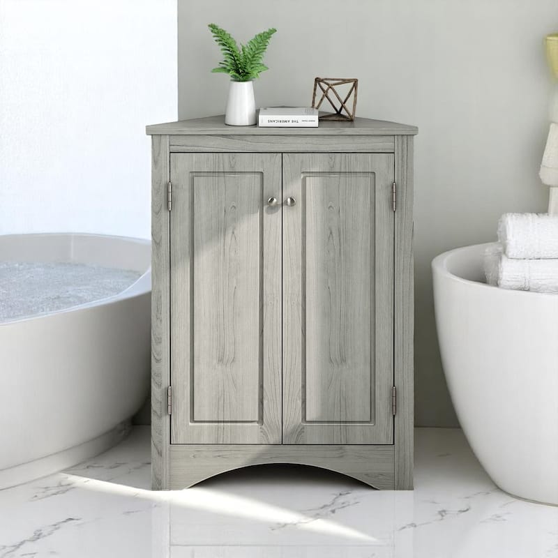 Modern Triangle Floor Cabinet with Doors and Adjustable Shelves, Compact Corner Storage for Bathroom or Kitchen - Oak