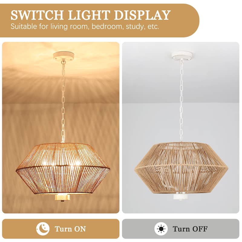 4-Light Bohemian Hand Woven Drum Chandelier Rattan Pendant - N/A