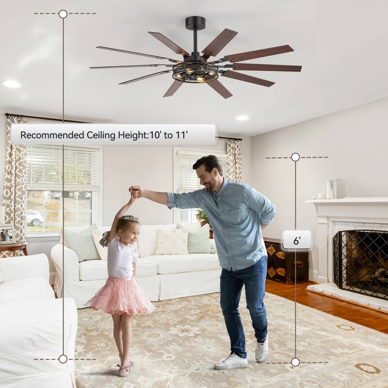 60" Reversible 10-Blade Open-Caged Metal Ceiling Fan with Light and Remote