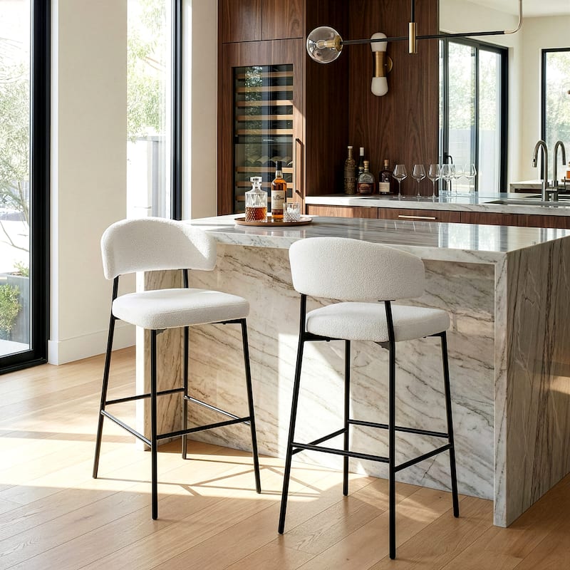 Set of 2 Bennett White Boucle Upholstered Fabric Bar Stool with Black Iron Legs