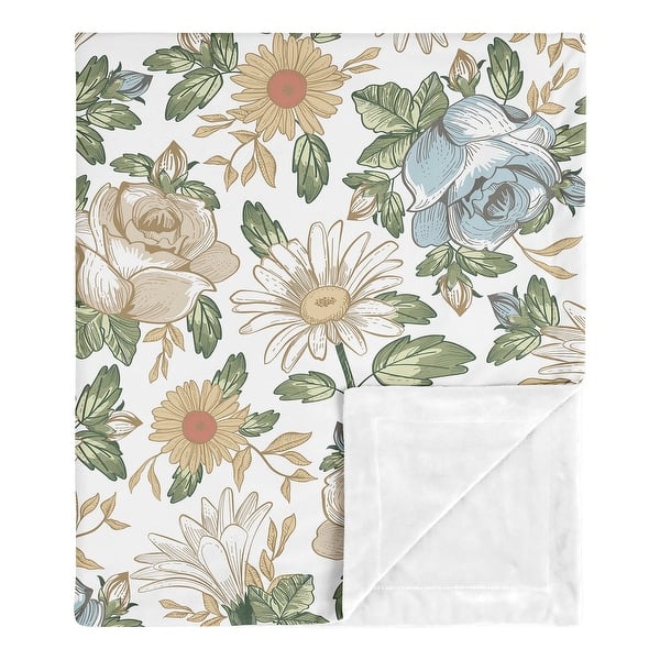 slide 2 of 5, Vintage Floral Blue Yellow Baby Receiving Security Swaddle Blanket Green Gold Orange Taupe Beige White Shabby Chic Boho Bohemian
