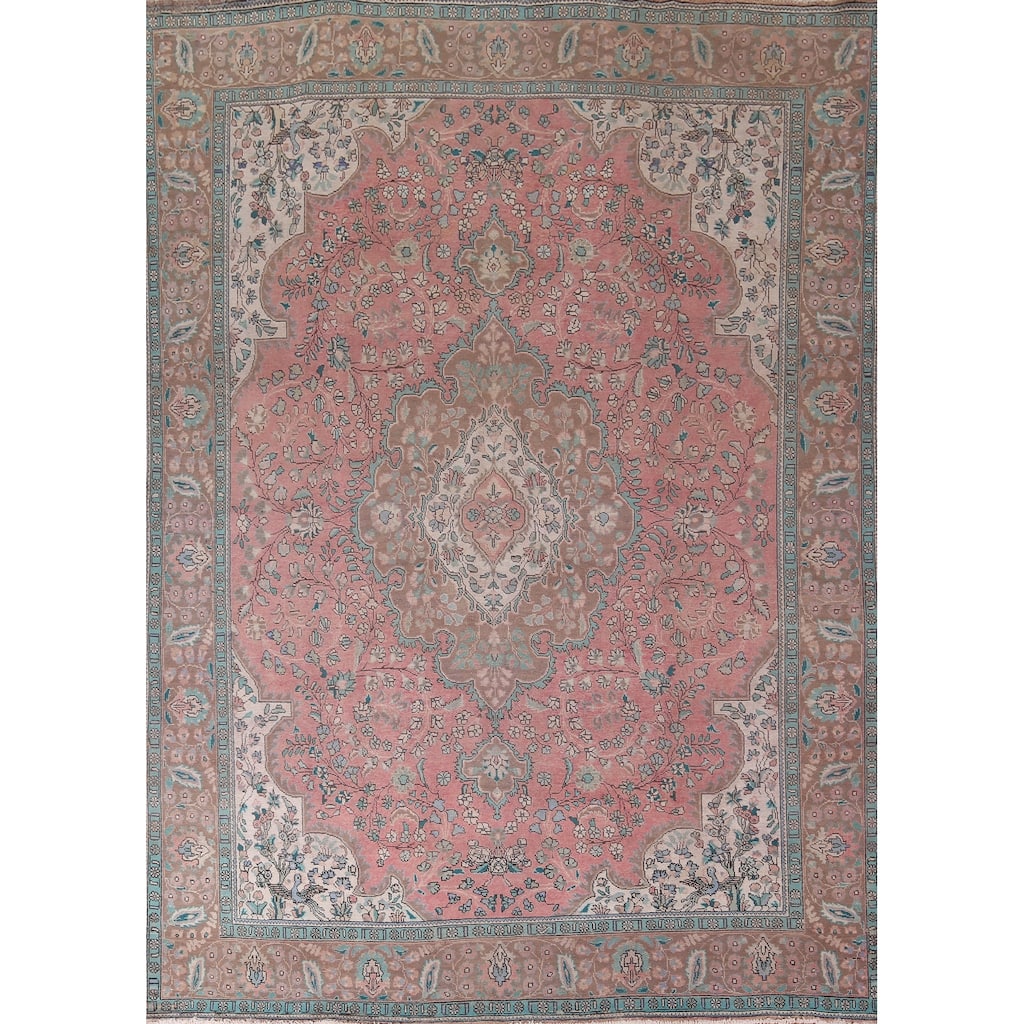 Pink Floral Tabriz Persian Vintage Area Rug Handmade Wool Carpet - 9'10"x 12'10"