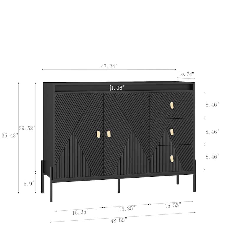 48" Black Fluted Sideboard Cabinet with 2 Doors, 3 Drawers & LED Lights, Modern Storage Buffet for Dining & Kitchen