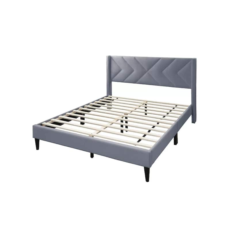 Niasa Full Size Bed, Chevron Tufted Gray Velvet Upholstered Foam