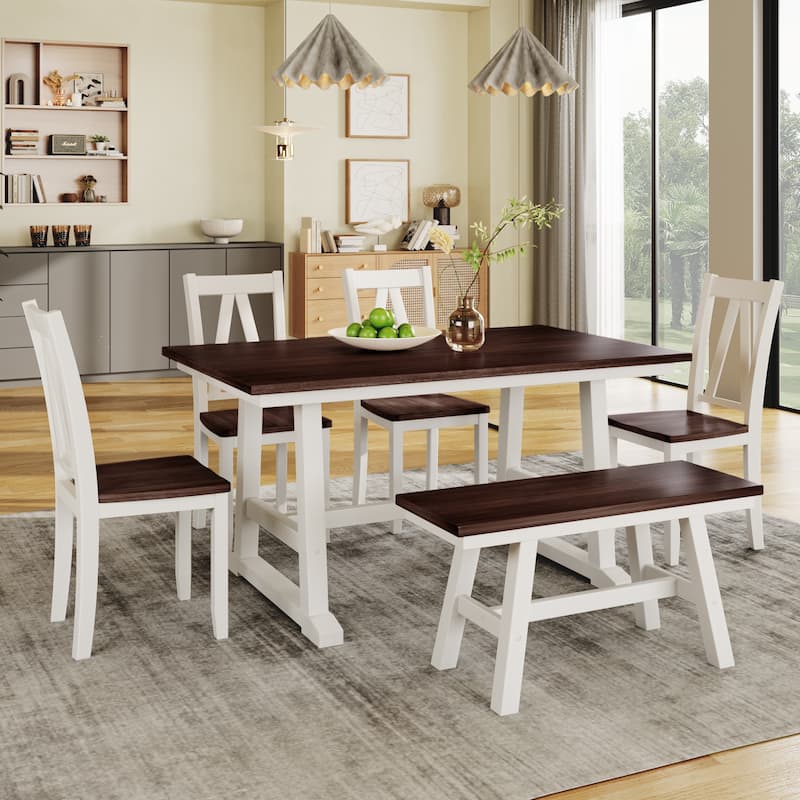 6-Piece Wood Dining Table Set Kitchen Table Set with Long Bench and 4 Dining Chairs, Farmhouse Style - Espresso+White