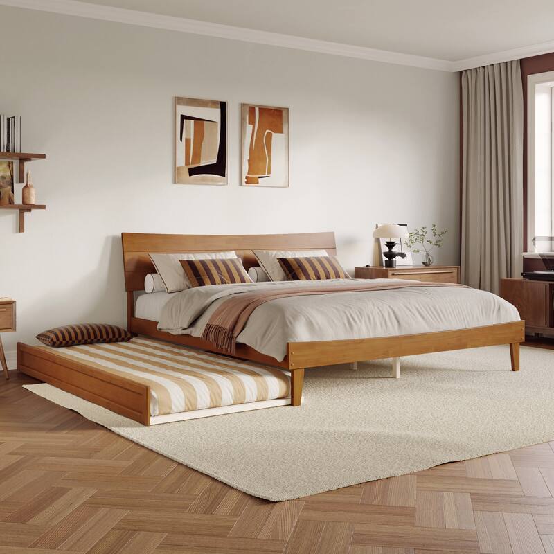 Phoenix Wood Platform Bed with Trundle - Light Toffee - King