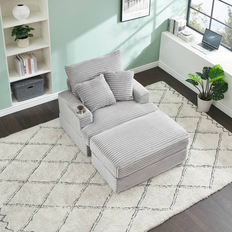 Modern Corduroy 1-Seater Sofa with Ottoman Bench and Cup Holder, Plush Gray Couch with Pillows - Grey
