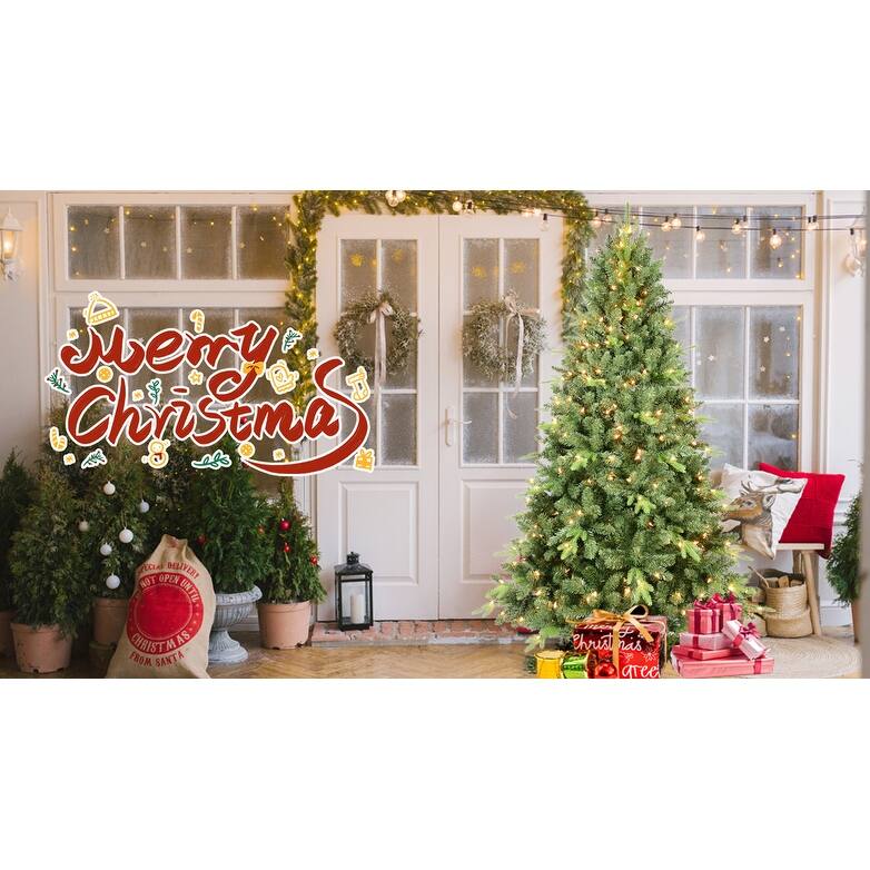 5FT Pre-Lit Christmas Tree with 300 UL Warm White Lights-Classic Green Tree with 967 PE+PVC Tips, Hinged Branches for Easy Setup