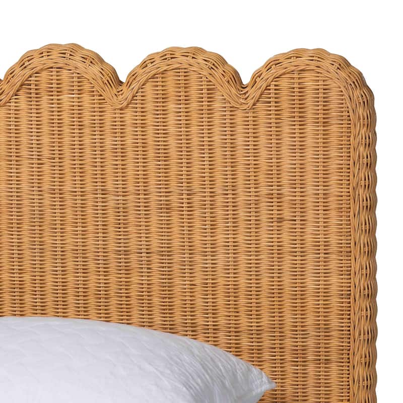 Maritza Scalloped Natural Rattan Bed Frame - Handwoven Wicker Headboard and Footboard with Decorative Edge Detail, Boho Coastal