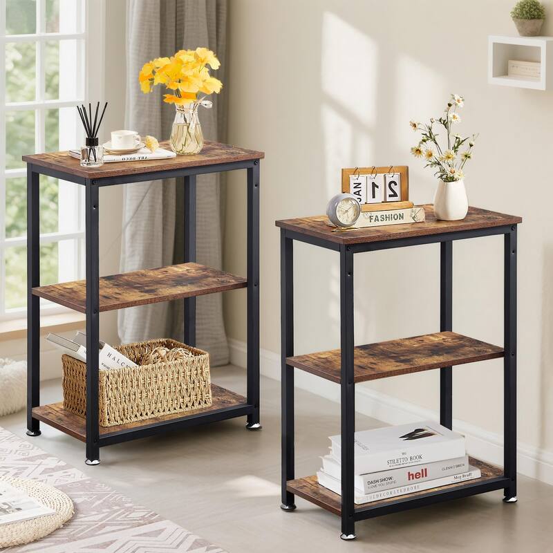 VECELO 3-Tier Nightstands Set of 2 with Open Storage Shelves Narrow Design End Table Set with USB Charging Station for Bedroom - Brown