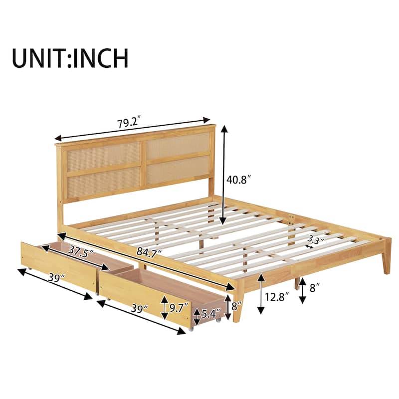 Queen Platform Bed with Rattan Headboard, 2 Drawers, Solid Rubber Wood Frame