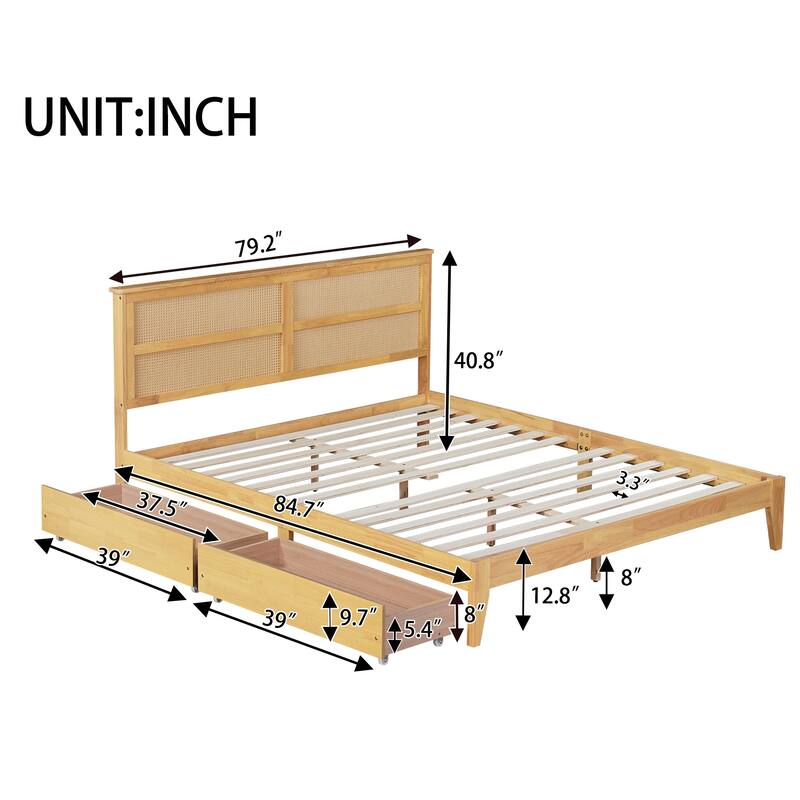 Wood Platform Bed Frame with Rattan Design Headboard/2 Under-Bed Storage Drawers/Reinforced Support Slats/No Box Spring Needed