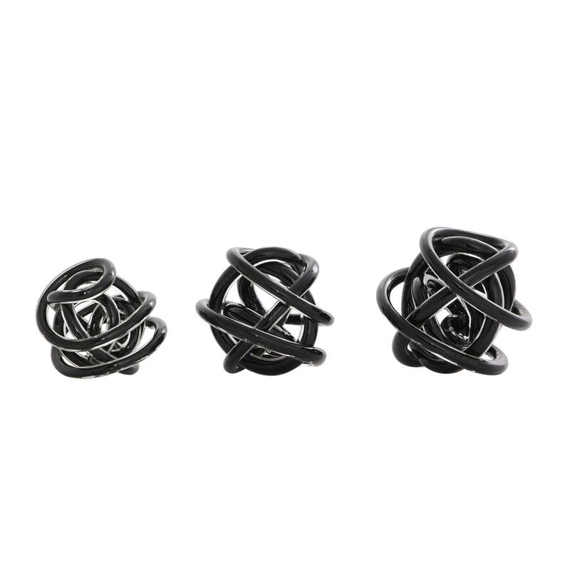 Glass Abstract Handmade Iridescent Knotted Ball Sculpture - Set of 3 Dark Gray, Black or Clear - Roche River Decor