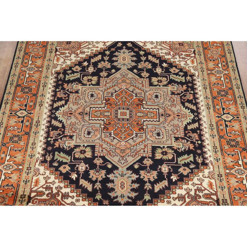 Dark Blue Heriz Serapi Indian Area Rug Hand-Knotted Wool Carpet - 8'11" x 11'11"