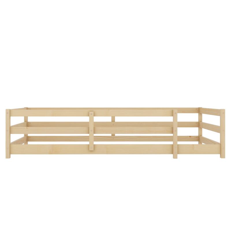 Twin/Full Montessori Floor Bed with Safety Fence - Wood Kids Floor Bed for Boys & Girls