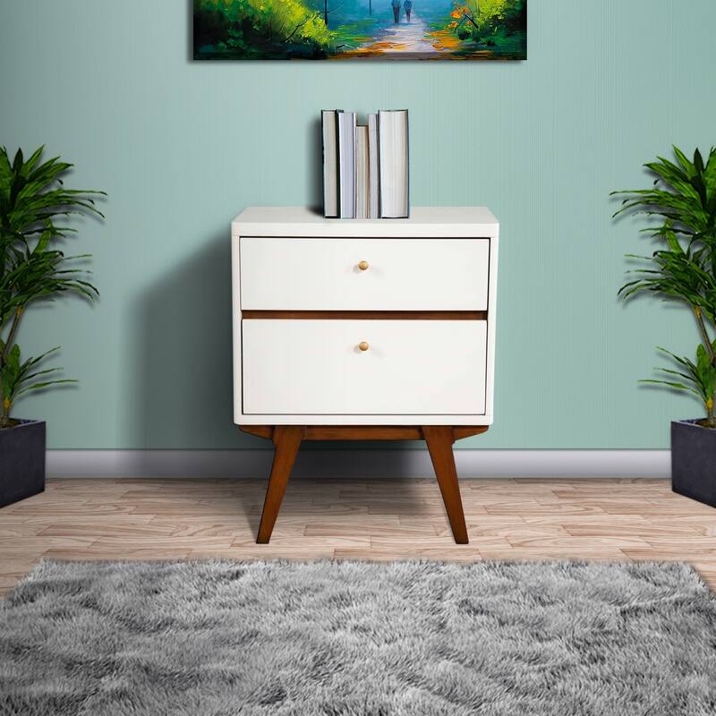 White/Brown 2 Drawer 21 in. W Nightstand with Angled Legs