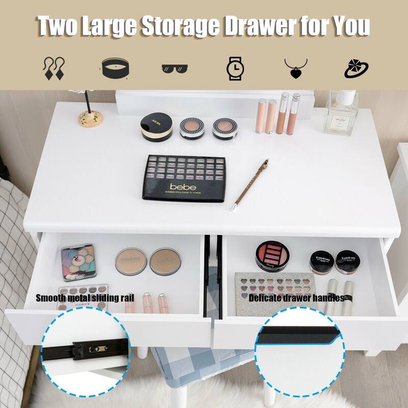 Dressing Table with Large Round Mirror and 8 Light Bulbs for Bedroom - 31.5" x 16" x 52" (L x W x H)