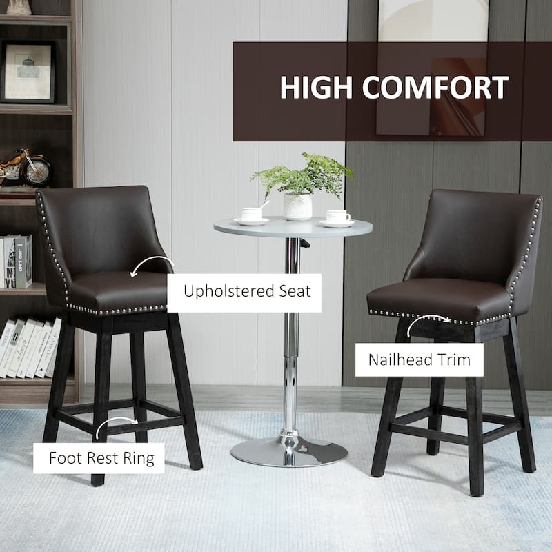 HOMCOM 28" Swivel Counter Height Bar Stools with Backs, Upholstered Dining Room and Kitchen Bar Stools Set of 2 with Wood Legs