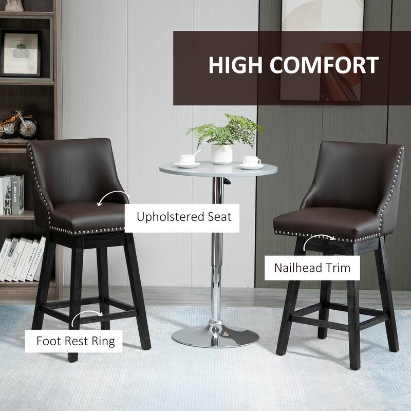 Set of 2 PU Leather Swivel Bar Stools with Nailhead Trim and Wood Legs Bed Bath & Beyond