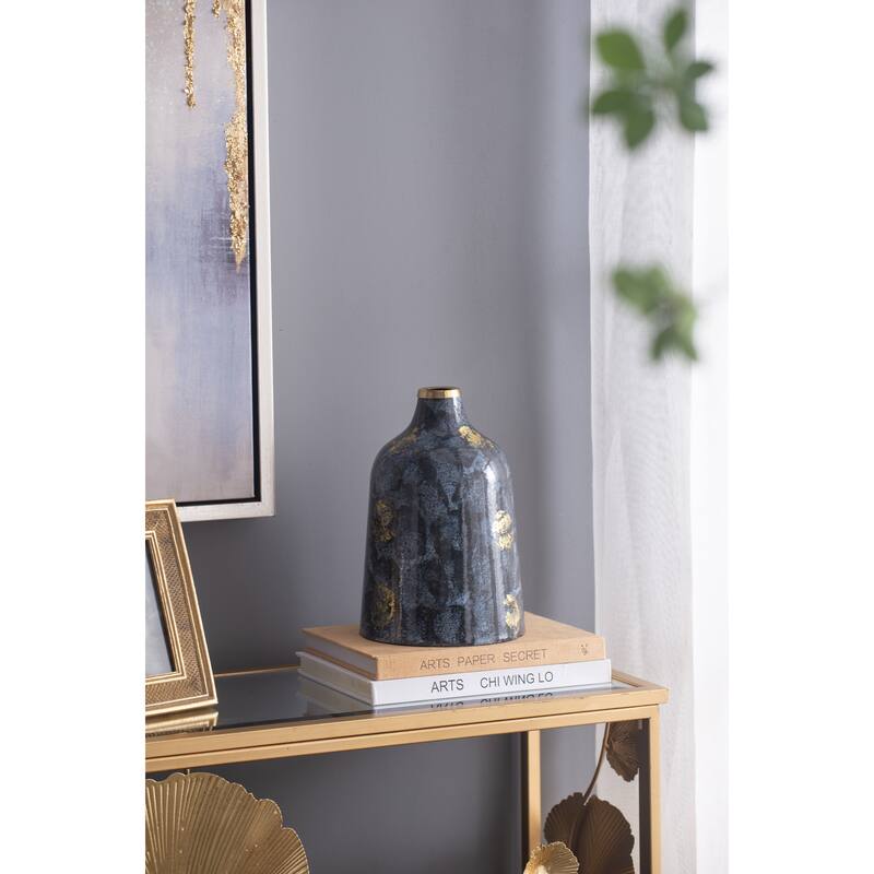 D6.7x10.2" Blue and Gold Decorative Glass Flower Vase