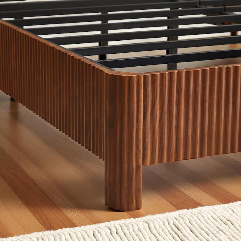Queen Size Wooden Bed Frame with Corrugated Curved Headboard, Heavy-Duty Metal Support, No Box Spring Needed