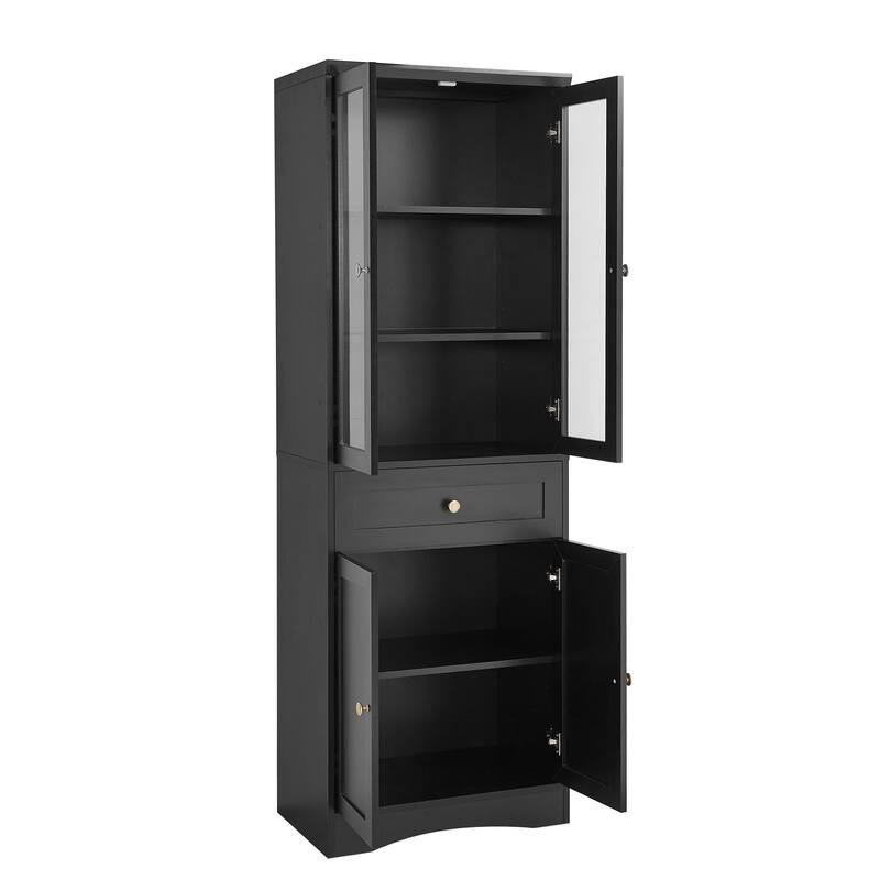 Bathroom Storage Cabinet with Glass Doors and Adjustable Shelves, Tall Pantry Cabinet with Drawer and Enclosed Storage