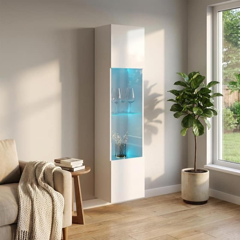 Meble Furniture Booky 42 Wall-Mounted LED Bookcase - 67" Tall Modern Display Cabinet with 16-Color RGB Lighting, High Gloss