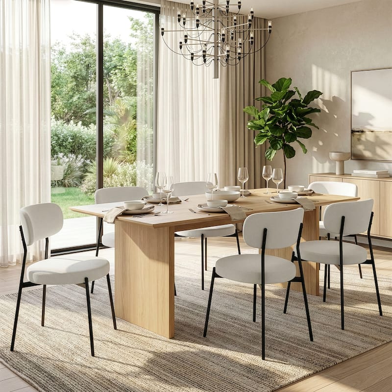 Set of 2 Aya White Chenille Dining Chair with Black Steel Legs