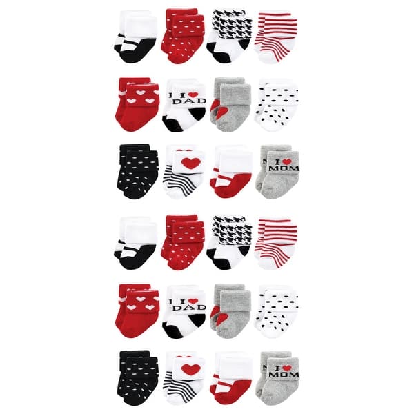 slide 1 of 1, Hudson Baby Cotton Rich Baby Terry Socks 24-Pack, Mom and Dad Girl Red Black Mom and Dad Girl Red Black - 0-6 Months