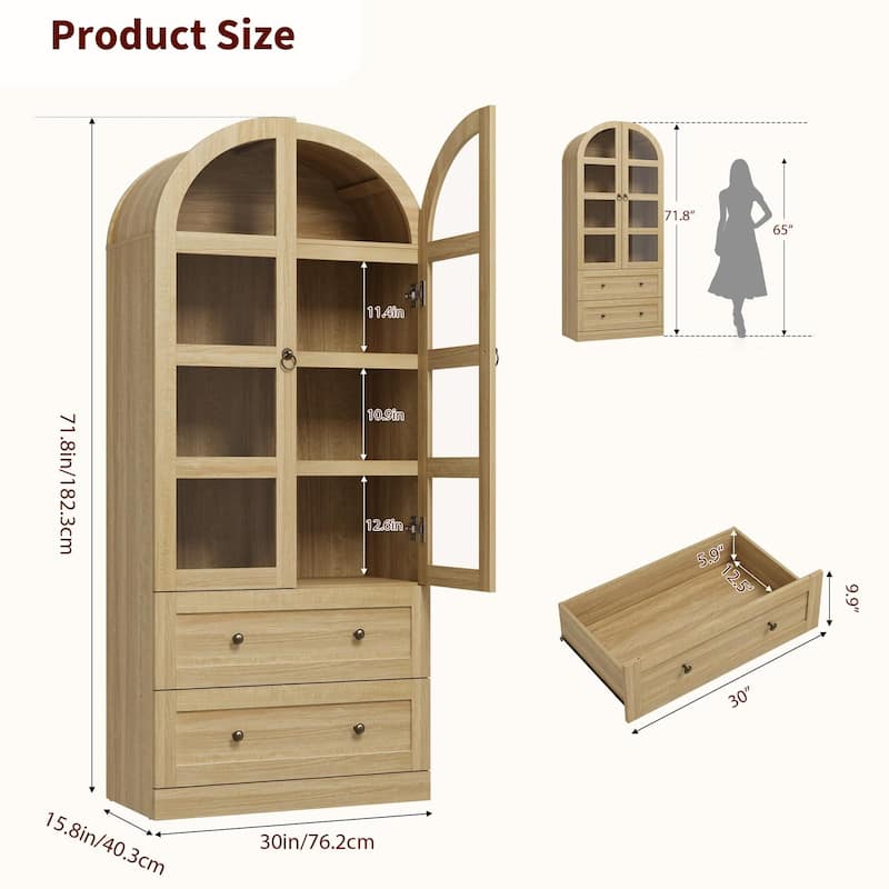 Kitchen Pantry Cabinet, 72" Tall Arched Kitchen Pantry Storage Cabinet, Wood Versatile Rustic Cupboard with Drawers