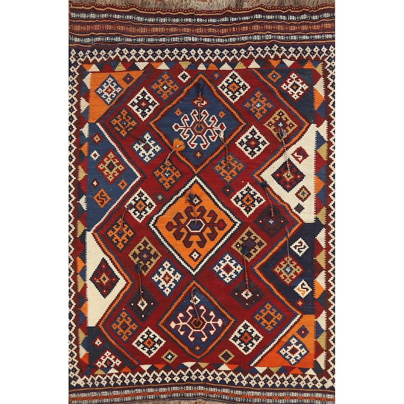 Geometric Kilim Qashqai Persian Vintage Area Rug Handmade Wool Carpet - 5'5" x 8'0"