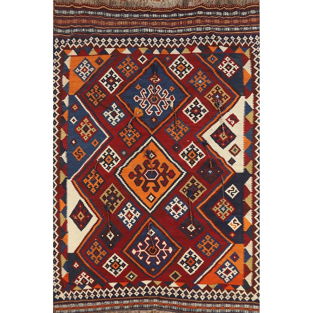 Geometric Kilim Qashqai Persian Vintage Area Rug Handmade Wool Carpet - 5'5" x 8'0"